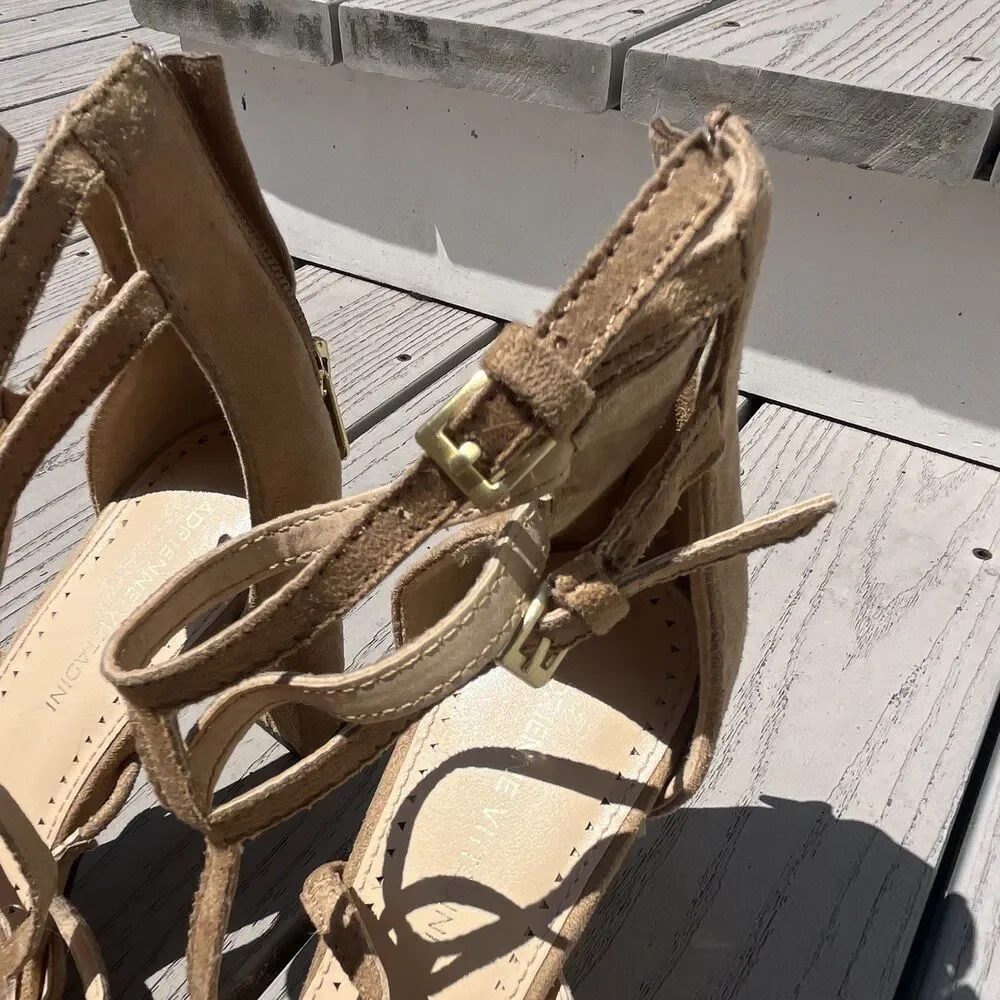 Adrienne Vittadini Women’s Beige Suede Pointed Toe Strappy Block Heels US 10